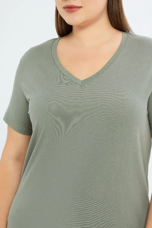 Women Green V-Neck T-Shirt