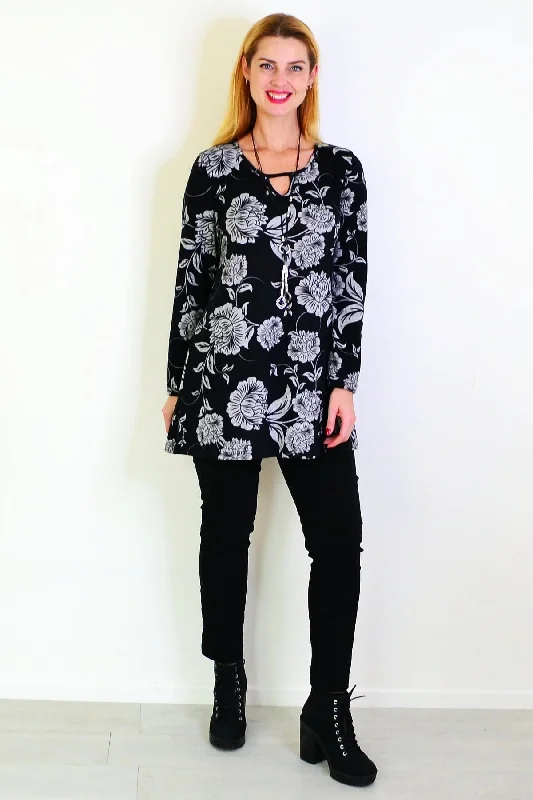 Grey Floral Black Fleece Tunic Top