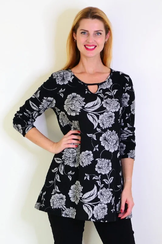 Grey Floral Black Fleece Tunic Top