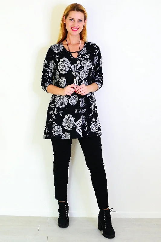 Grey Floral Black Fleece Tunic Top