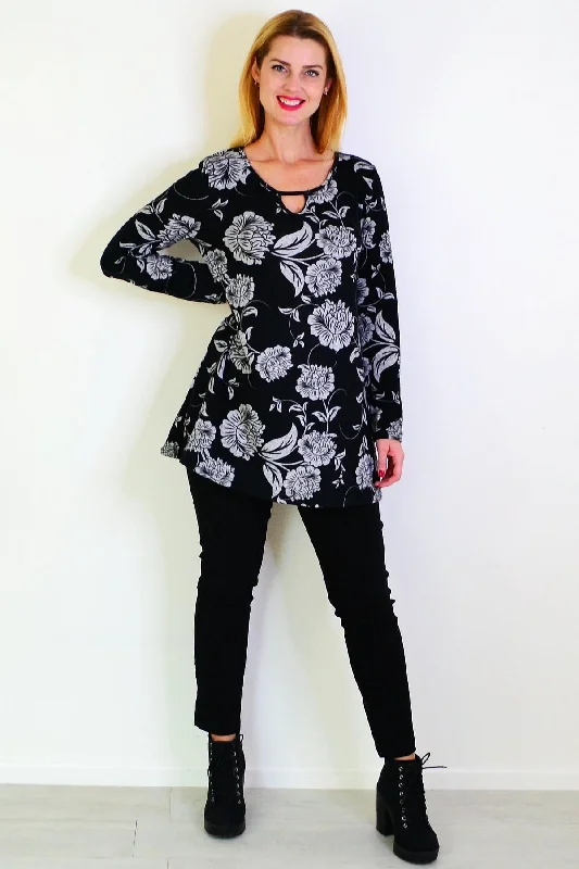 Grey Floral Black Fleece Tunic Top