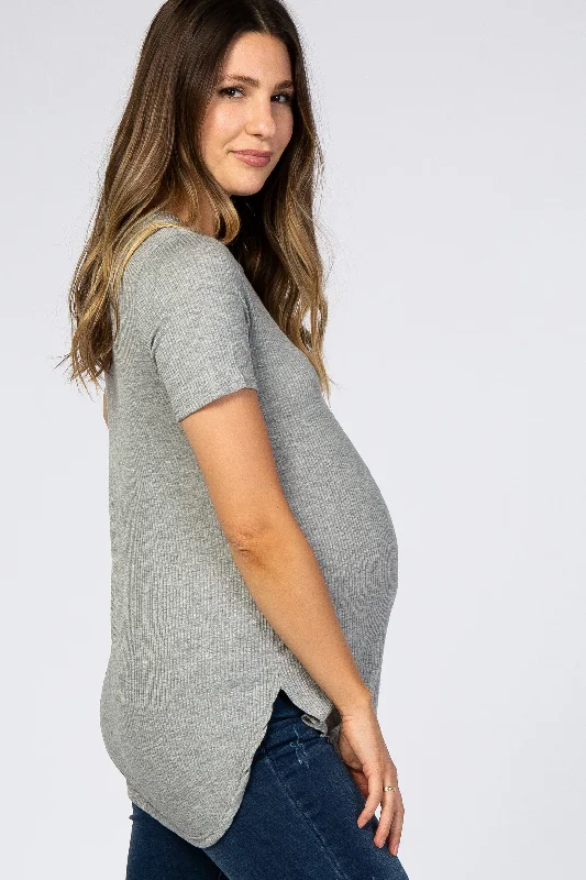 Heather Grey Ribbed Round Hem Maternity Top