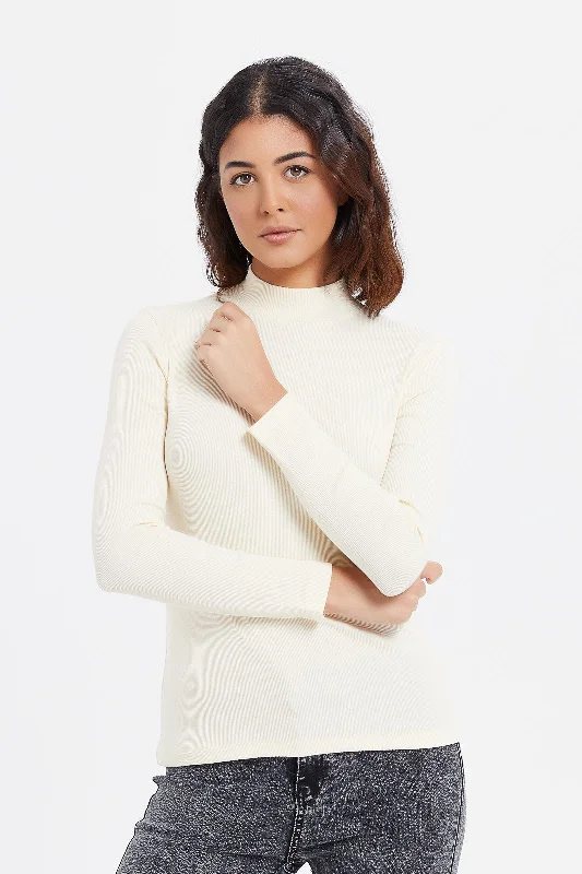 Women Ivory Rib Turtle Neck T-Shirt