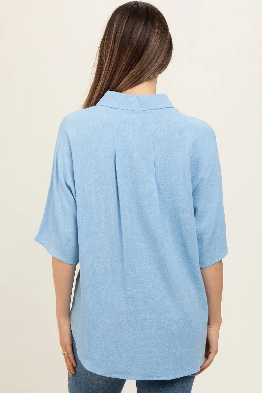 Light Blue Linen Dolman Half Sleeve Button Down Maternity Top