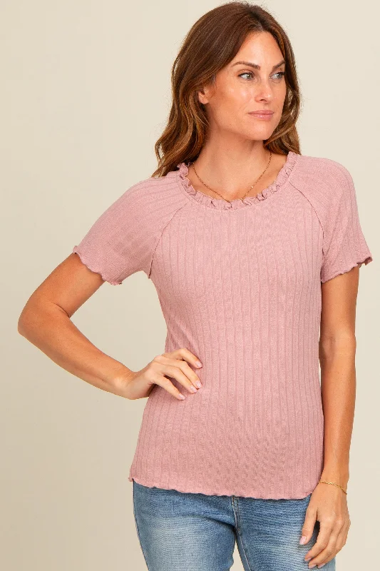 Mauve Ruffle Trim Ribbed Maternity Top