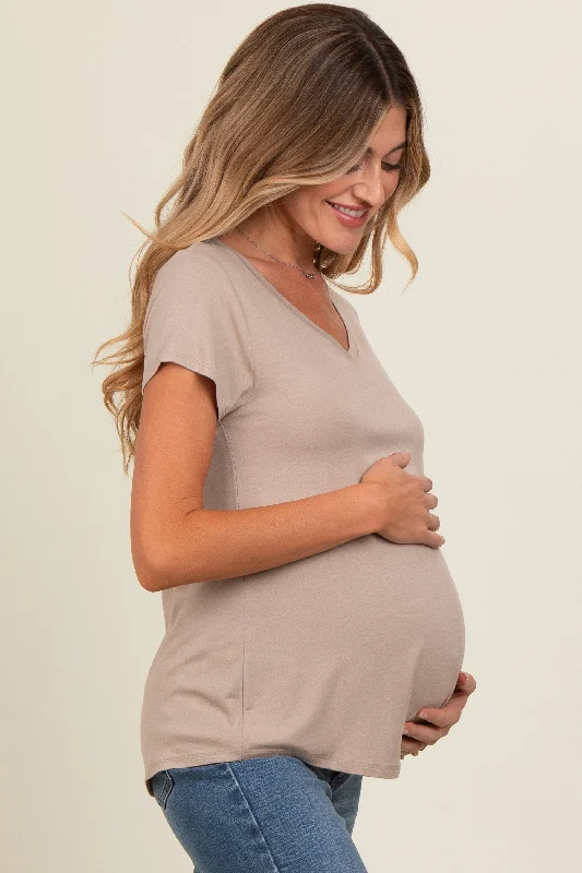 Mocha Basic V-Neck Short Sleeve Maternity Top