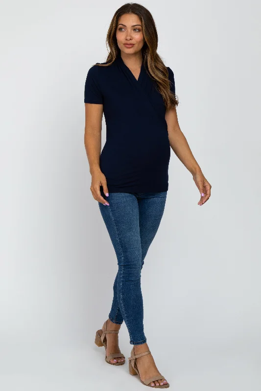 Navy Blue Solid Short Sleeve Wrap Front Maternity/Nursing Top