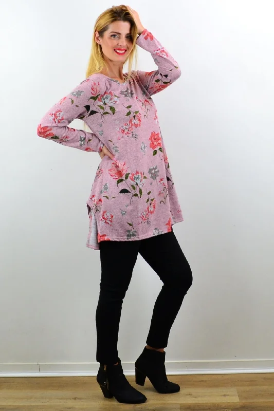 Pink Floral Fleece Tunic Top