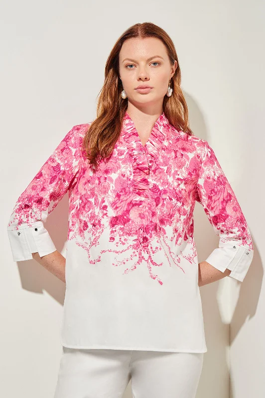 Ruffle V-Neck Blouse - Floral Cotton Poplin