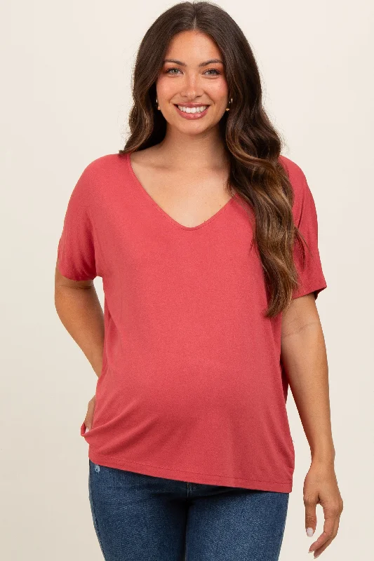 Rust Short Dolman Sleeve V-Neck Maternity Top