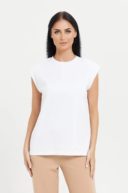 Women White Sleeveless Padded Shoulder Top