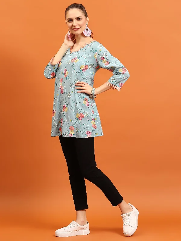 Women Sea Blue Floral Printed Tunic