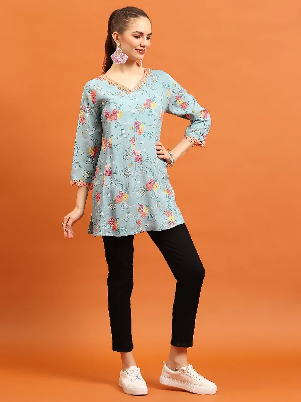 Women Sea Blue Floral Printed Tunic