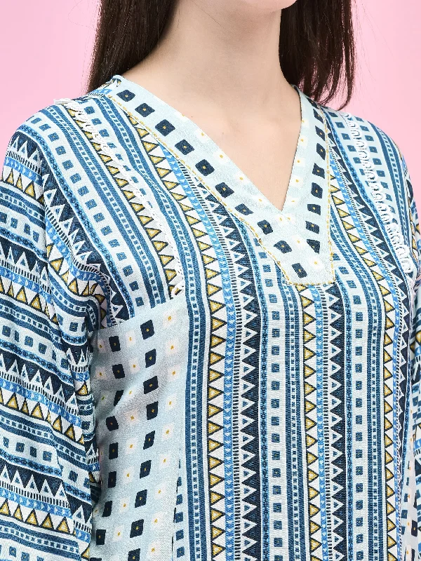 Women Liva (Rayon) Blue Geometric Print Tunic