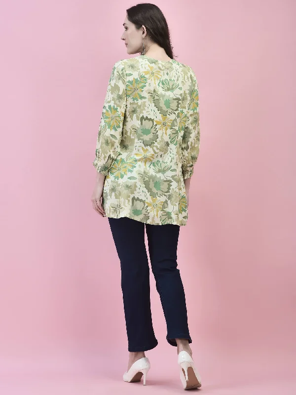 Women Liva Rayon Green Floral Print Tunic