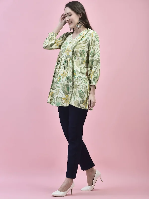 Women Liva Rayon Green Floral Print Tunic