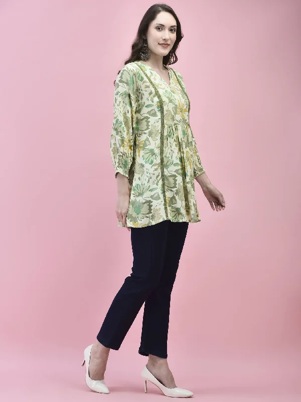 Women Liva Rayon Green Floral Print Tunic