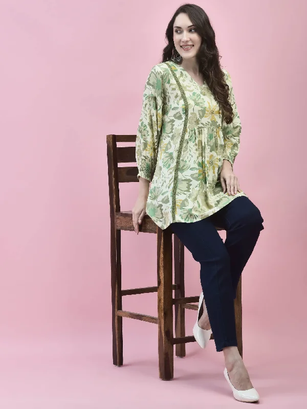 Women Liva Rayon Green Floral Print Tunic