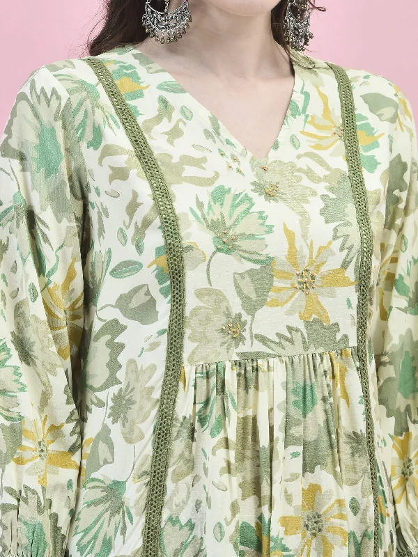 Women Liva Rayon Green Floral Print Tunic