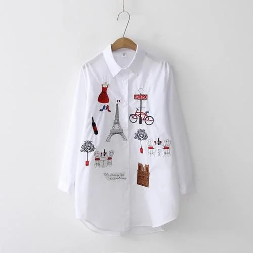 2019 NEW White Shirt Casual Wear Button Up Turn Down Collar Long Sleeve Cotton Blouse Embroidery Feminina HOT Sale T8D427M