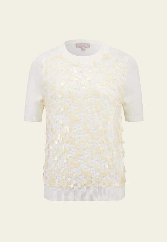 White Sequin Short-sleeved Knit Top