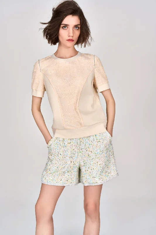 Beige Embroidered Short Sleeves Top