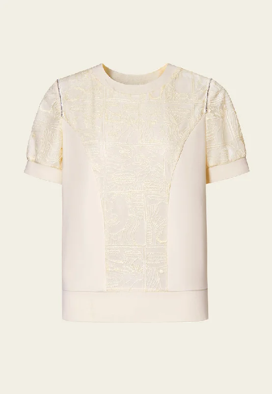 Beige Embroidered Short Sleeves Top