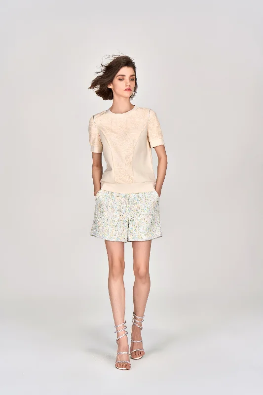 Beige Embroidered Short Sleeves Top