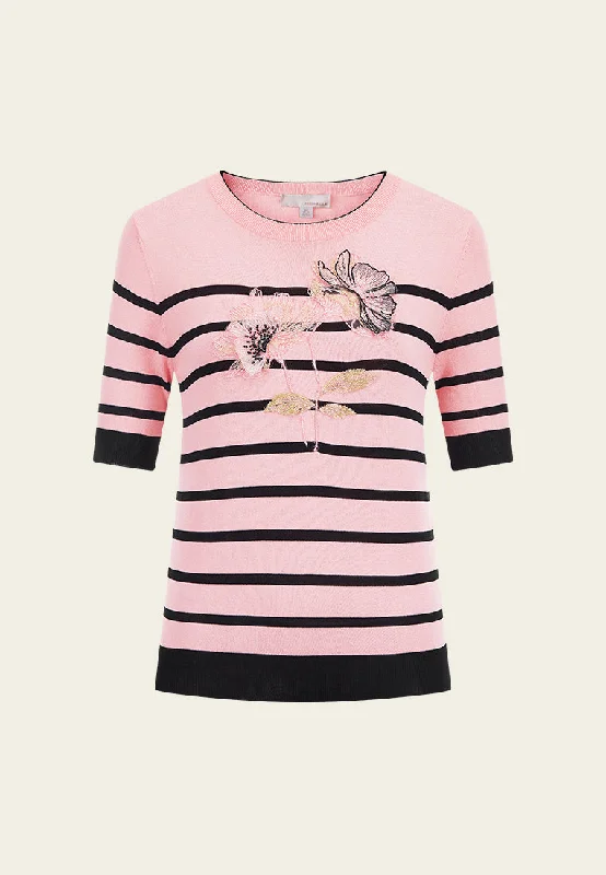 Pink Embroidered Striped Knit Top