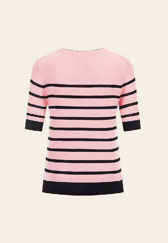 Pink Embroidered Striped Knit Top