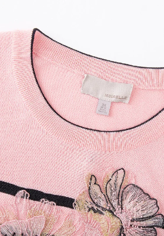 Pink Embroidered Striped Knit Top