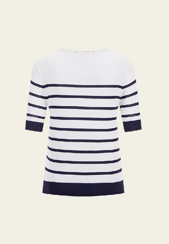 White Embroidered Striped Knit Top