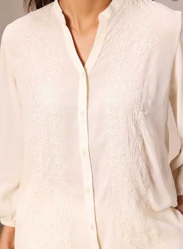 Ameera Ivory Embroidered Georgette Shirt for Women