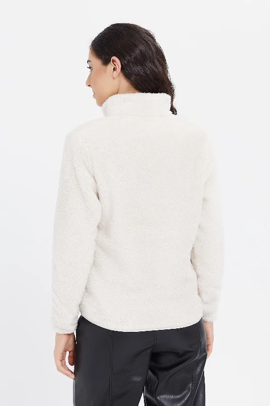 Women Beige Polar Fleece Zip Sweatshirt