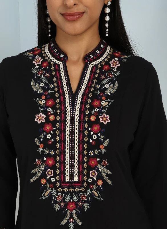 Black Boho Straight Tunic with Dense Embroidery