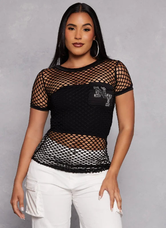 NY Rhinestone Pocket Fishnet Top