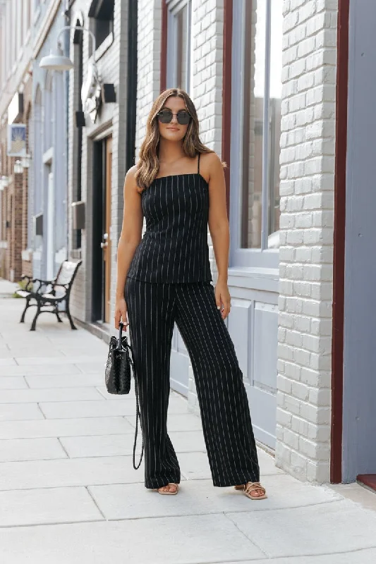 Black Pinstripe Linen Tank Top