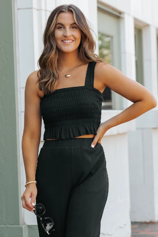 Black Ruffled Tank Top & Wide Leg Pant Set