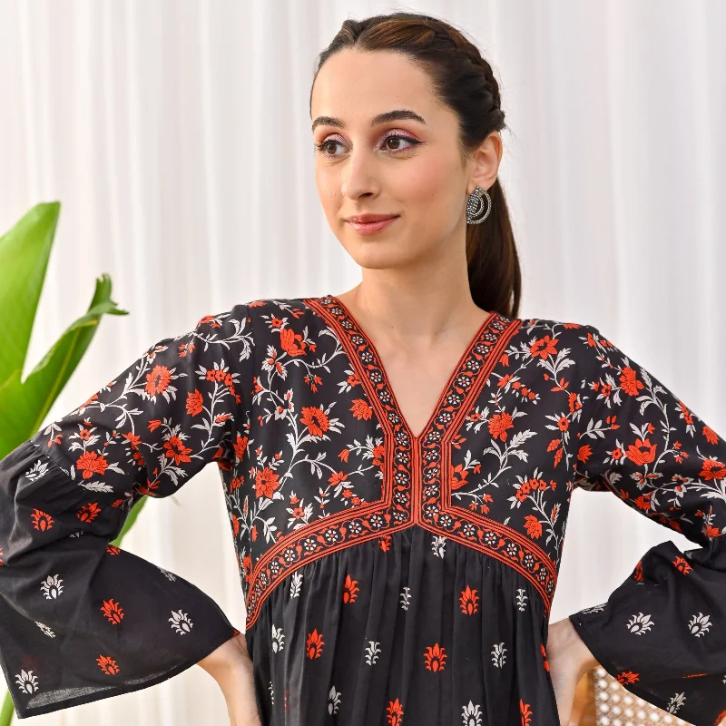 Black Sanganeri Print Tunic with Bell Sleeves