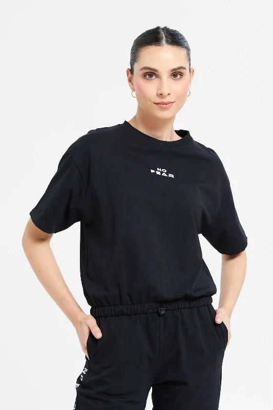 Women Black Short Sleeve Sweatshirt With Elasticated Bottom