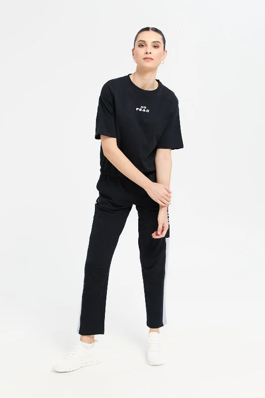 Women Black Short Sleeve Sweatshirt With Elasticated Bottom