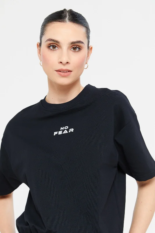 Women Black Short Sleeve Sweatshirt With Elasticated Bottom