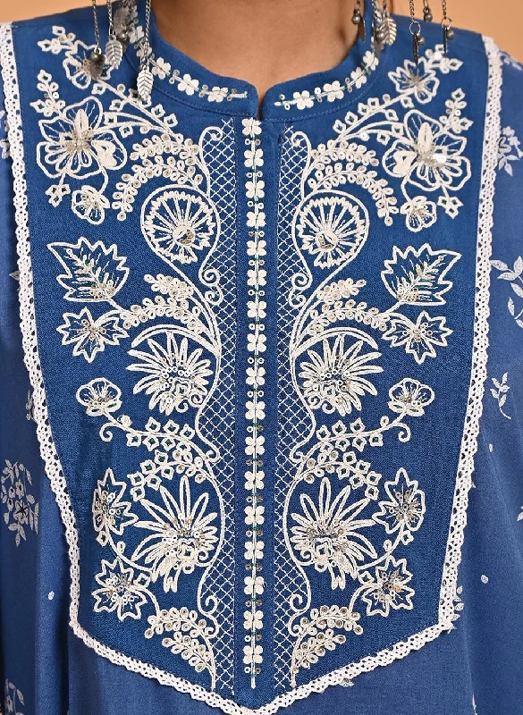 Blue Cotton Printed Kaftan Kurta with Embroidery