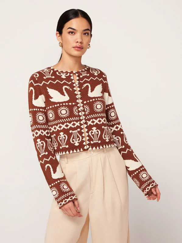 Carmel Brown Swan Fairisle Knit Cardigan