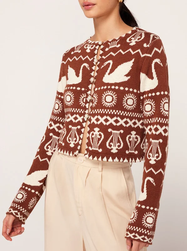 Carmel Brown Swan Fairisle Knit Cardigan