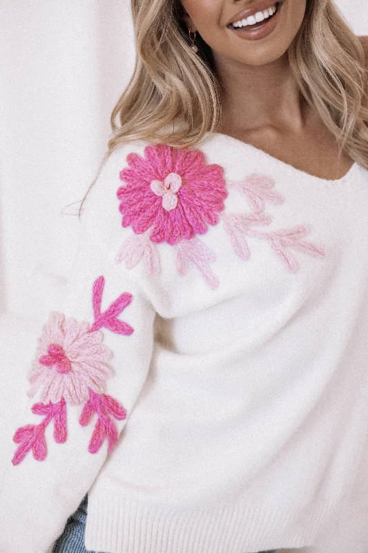 Celeste Embroidered Flower Knit Sweater - Cream/Pink