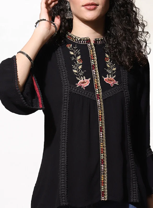 Charcoal Black Floral Embroidered Nargis Tunic