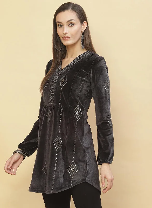 Slate Grey Embroidered Velvet Tunic With Sequins