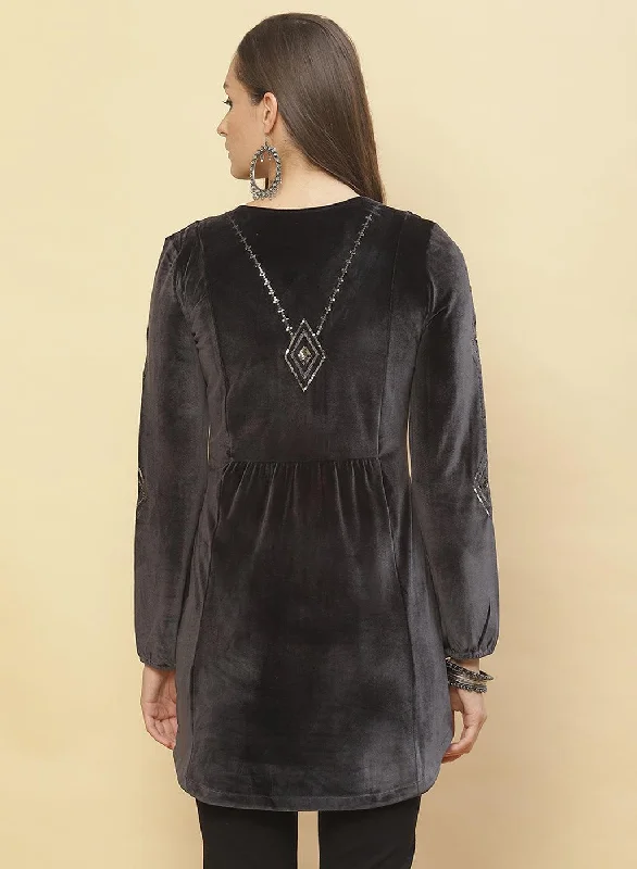 Slate Grey Embroidered Velvet Tunic With Sequins