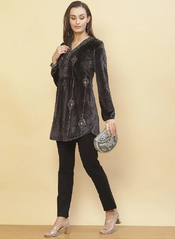 Slate Grey Embroidered Velvet Tunic With Sequins